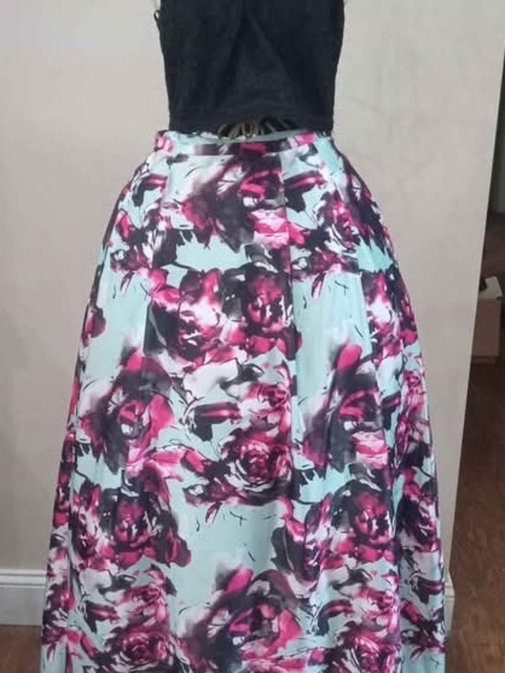Floral A-Line Formal Prom Homecoming Dress in Pink and Blue 2 Piece